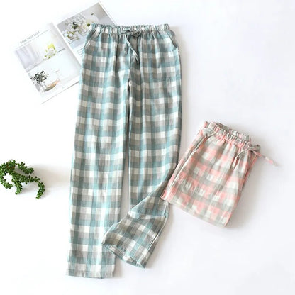 maoxiangshopMen's Cotton Gauze Trousers Plaid Knitted Sleep Pants Woman Pajamas Pants Bottoms Sleepwear Short for Couples Pijama Hombre