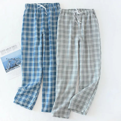 maoxiangshopMen's Cotton Gauze Trousers Plaid Knitted Sleep Pants Woman Pajamas Pants Bottoms Sleepwear Short for Couples Pijama Hombre