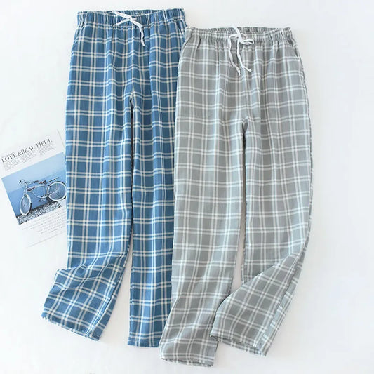 maoxiangshopMen's Cotton Gauze Trousers Plaid Knitted Sleep Pants Woman Pajamas Pants Bottoms Sleepwear Short for Couples Pijama Hombre