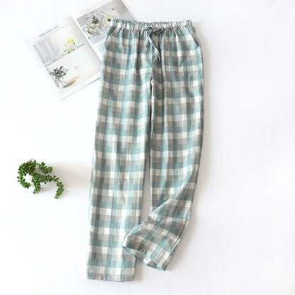 maoxiangshopMen's Cotton Gauze Trousers Plaid Knitted Sleep Pants Woman Pajamas Pants Bottoms Sleepwear Short for Couples Pijama Hombre