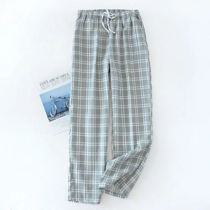 maoxiangshopMen's Cotton Gauze Trousers Plaid Knitted Sleep Pants Woman Pajamas Pants Bottoms Sleepwear Short for Couples Pijama Hombre