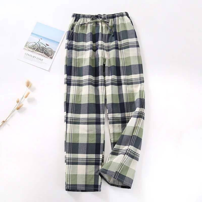maoxiangshopMen's Cotton Gauze Trousers Plaid Knitted Sleep Pants Woman Pajamas Pants Bottoms Sleepwear Short for Couples Pijama Hombre
