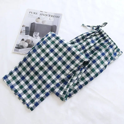 maoxiangshopMen's Cotton Gauze Trousers Plaid Knitted Sleep Pants Woman Pajamas Pants Bottoms Sleepwear Short for Couples Pijama Hombre