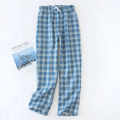 maoxiangshopMen's Cotton Gauze Trousers Plaid Knitted Sleep Pants Woman Pajamas Pants Bottoms Sleepwear Short for Couples Pijama Hombre