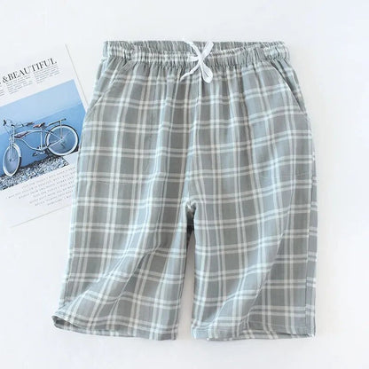 maoxiangshopMen's Cotton Gauze Trousers Plaid Knitted Sleep Pants Woman Pajamas Pants Bottoms Sleepwear Short for Couples Pijama Hombre