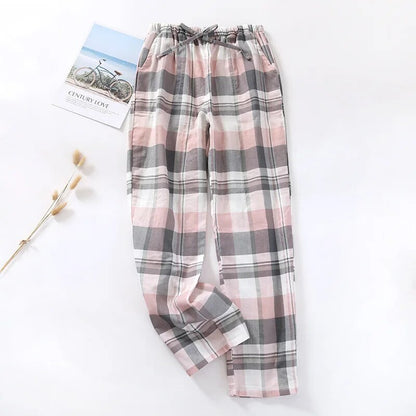maoxiangshopMen's Cotton Gauze Trousers Plaid Knitted Sleep Pants Woman Pajamas Pants Bottoms Sleepwear Short for Couples Pijama Hombre