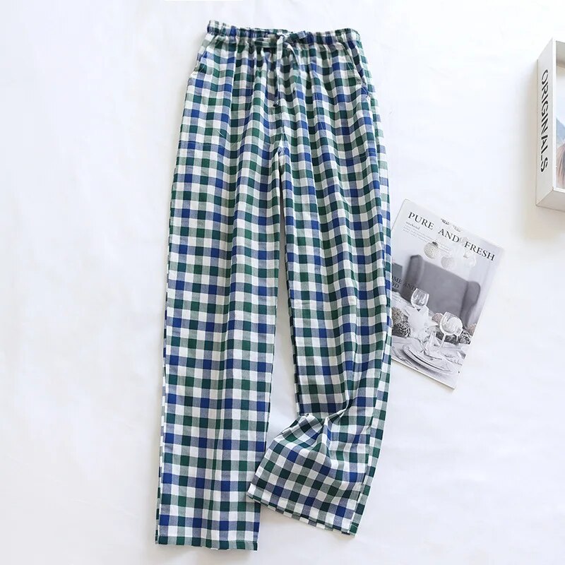 maoxiangshopMen's Cotton Gauze Trousers Plaid Knitted Sleep Pants Woman Pajamas Pants Bottoms Sleepwear Short for Couples Pijama Hombre