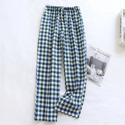 maoxiangshopMen's Cotton Gauze Trousers Plaid Knitted Sleep Pants Woman Pajamas Pants Bottoms Sleepwear Short for Couples Pijama Hombre
