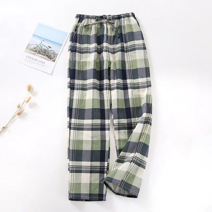 maoxiangshopMen's Cotton Gauze Trousers Plaid Knitted Sleep Pants Woman Pajamas Pants Bottoms Sleepwear Short for Couples Pijama Hombre