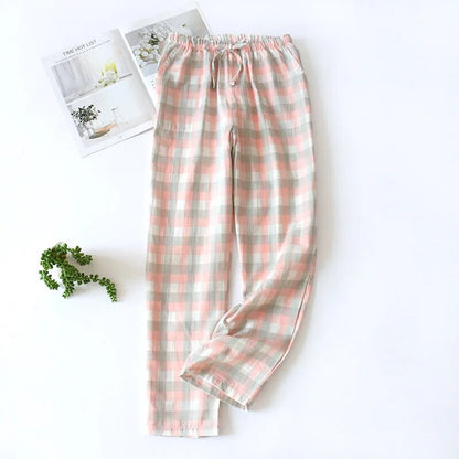 maoxiangshopMen's Cotton Gauze Trousers Plaid Knitted Sleep Pants Woman Pajamas Pants Bottoms Sleepwear Short for Couples Pijama Hombre