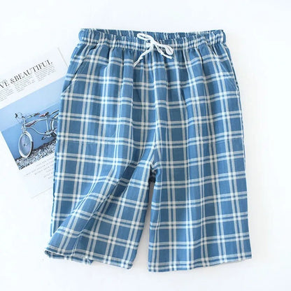 maoxiangshopMen's Cotton Gauze Trousers Plaid Knitted Sleep Pants Woman Pajamas Pants Bottoms Sleepwear Short for Couples Pijama Hombre