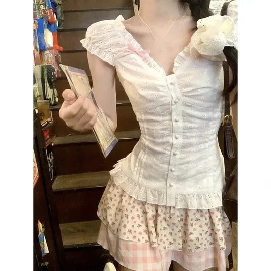 New French Elegant Fashion Women Outfits 2 Piece Skirts Set Casual Solid Blouse + Sweet Sexy Print Y2k  Mini Skirt Hot Girl