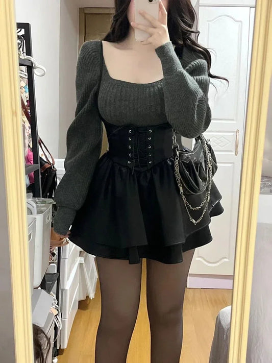 New High Waist Leather Black Mini Dress + Casual Knitted Sweater Elegant Clohting Woman Korean Fashion Suit Design Chic
