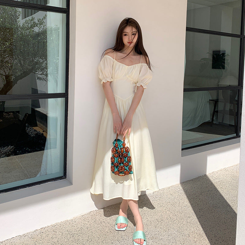 2025 popular summer new Korean retro high waist suspender dress solid color pure desire skirt BS88042