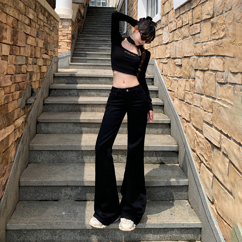 maoxiangshop 90s fashion American-Style Black Thin Velvet Skinny Jeans for Women 2024 Autumn and Winter New Low Waist Wide Leg Slimming Versatile Flared Pants