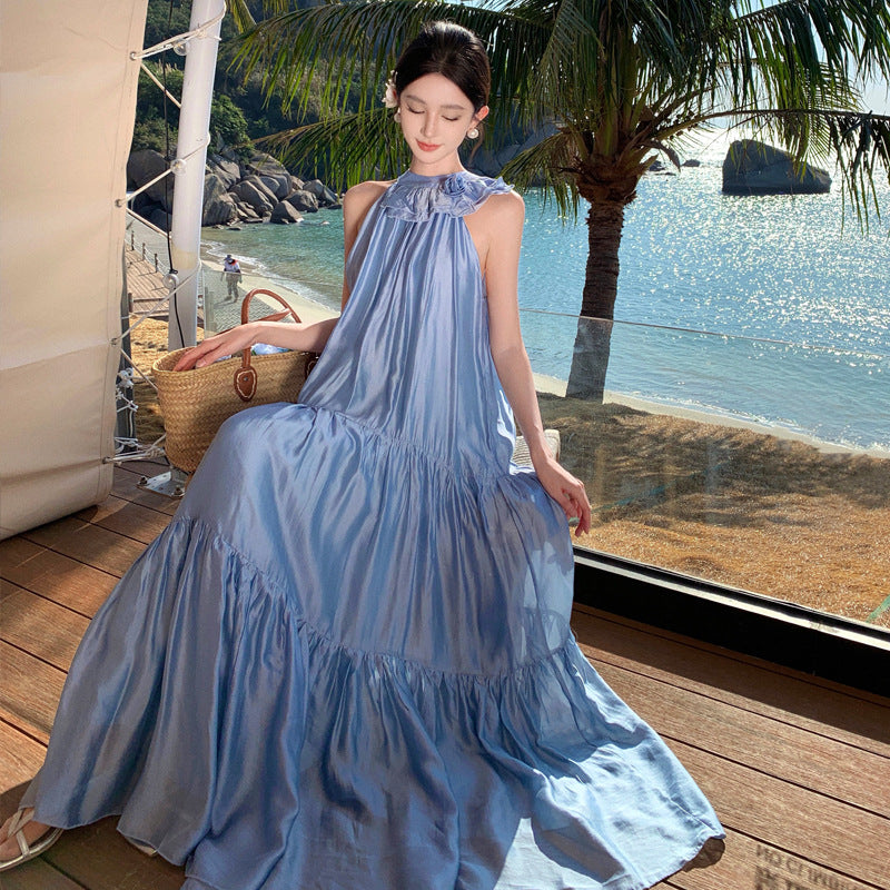 2025 Three-dimensional flower neck bow lace-up dress women's loose pleated pendulum skirt island vacation beach skirt