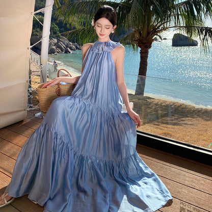 2025 Three-dimensional flower neck bow lace-up dress women's loose pleated pendulum skirt island vacation beach skirt