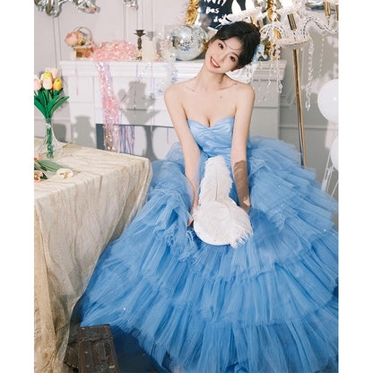 2025Studio theme blue tube top wedding dress sweet fashion super fairy princess style light luxury photography outdoor photo fluffy yarn