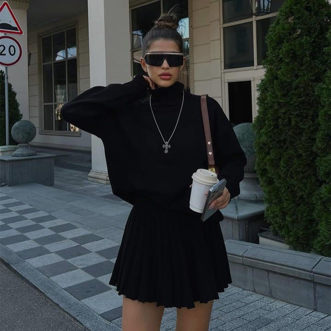 maoxiangshop outfit inspo Suit Women's Fashion Turtleneck Knitted Sweater Women's Autumn and Winter Solid Color Pleated Skirt Short Skirt Two-Piece Set