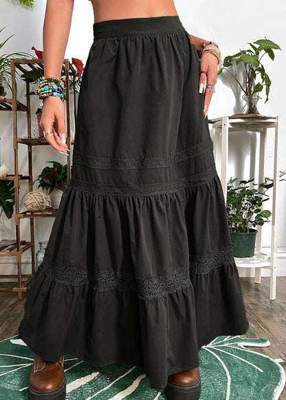 maoxiangshop-shop skirt outfits Women's Solid Color Retro Lace Stitching A- line Midi Skirt