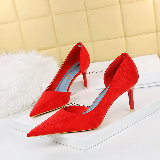 6168-A1 2025 style, fashionable and sexy, thin, thin heels, high heels, shallow mouth, pointed cloth surface, side hollow women's shoes, single shoes