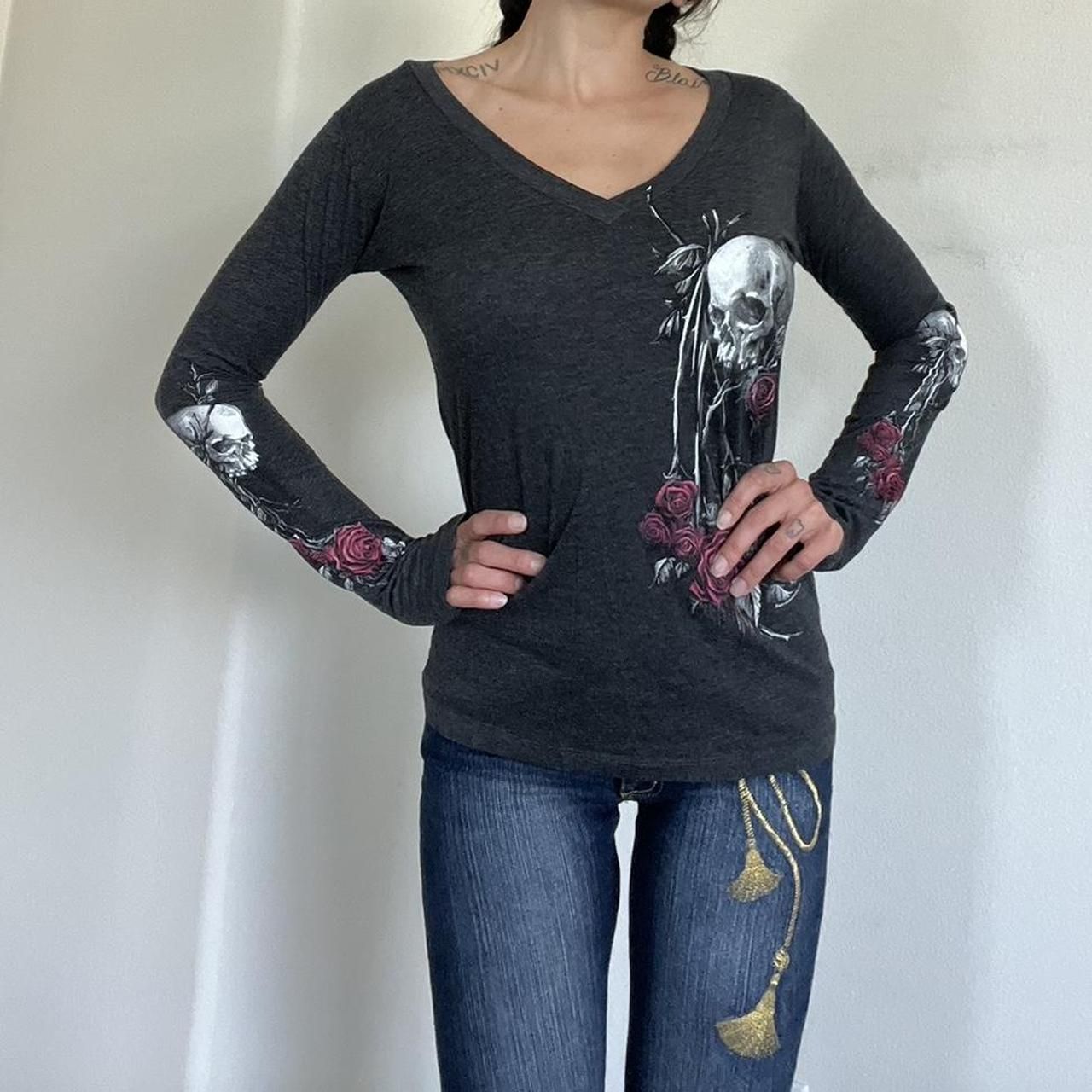 maoxiangshop outfit inspo 2024 Autumn and Winter New Women's Top Personalized Skull Flower Print V-neck Sexy Bottoming Shirt T-shirt