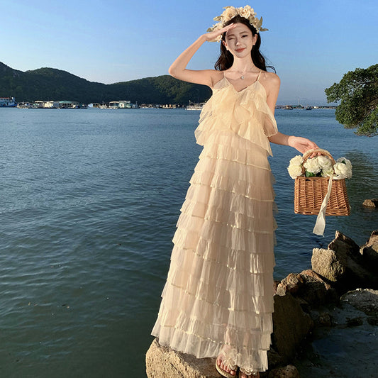 2025 travel photo ruffle leaf edge suspender dress female summer super fairy design seaside vacation cake long skirt