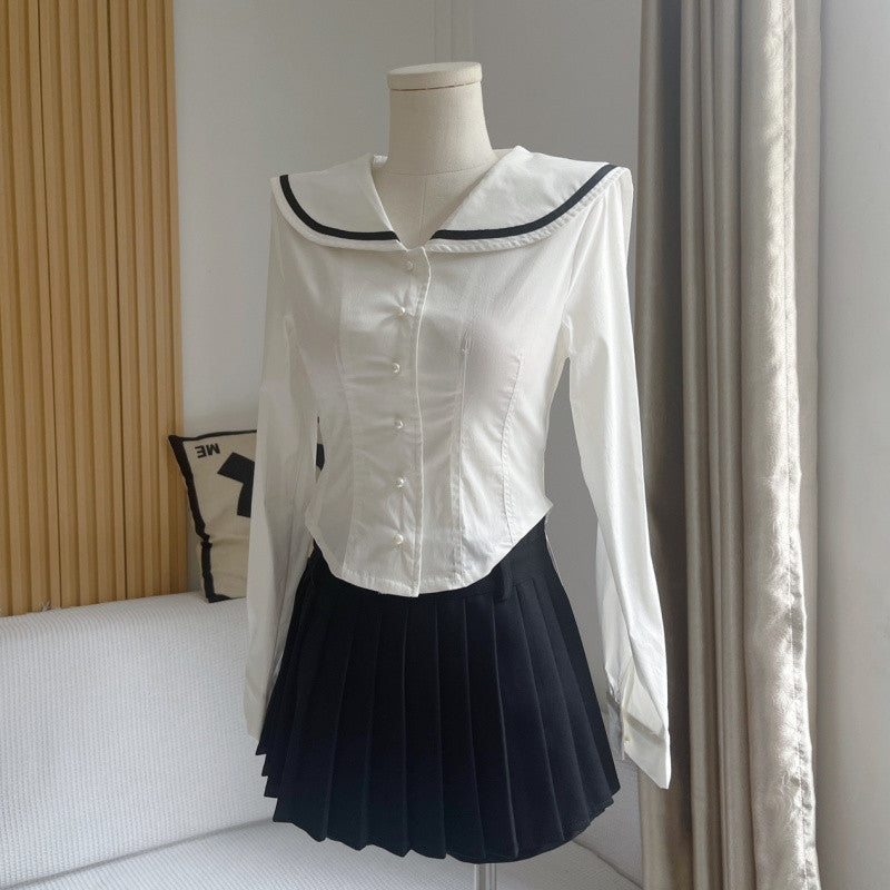 maoxiangshop pirates vs sailors drees to impress French Preppy Style Navy Collar Slim Shirt New Women's Autumn Niche Waist Irregular Hem Top