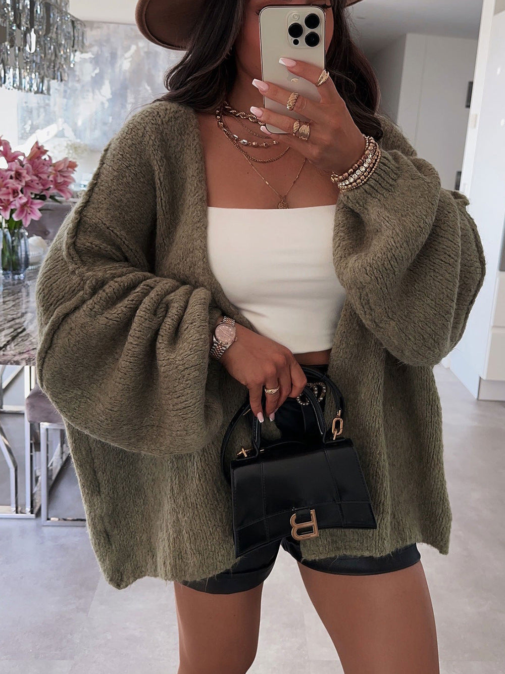 maoxiangshop 2000s fashion 2024 Autumn and Winter New Casual Loose Solid Color Mid-Length Knitted Sweater Cardigan Coat for Women