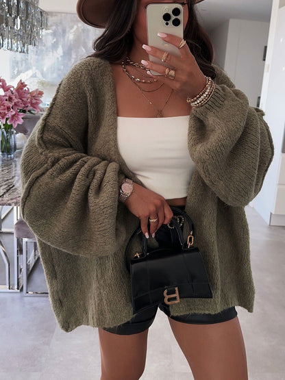 maoxiangshop 2000s fashion 2024 Autumn and Winter New Casual Loose Solid Color Mid-Length Knitted Sweater Cardigan Coat for Women