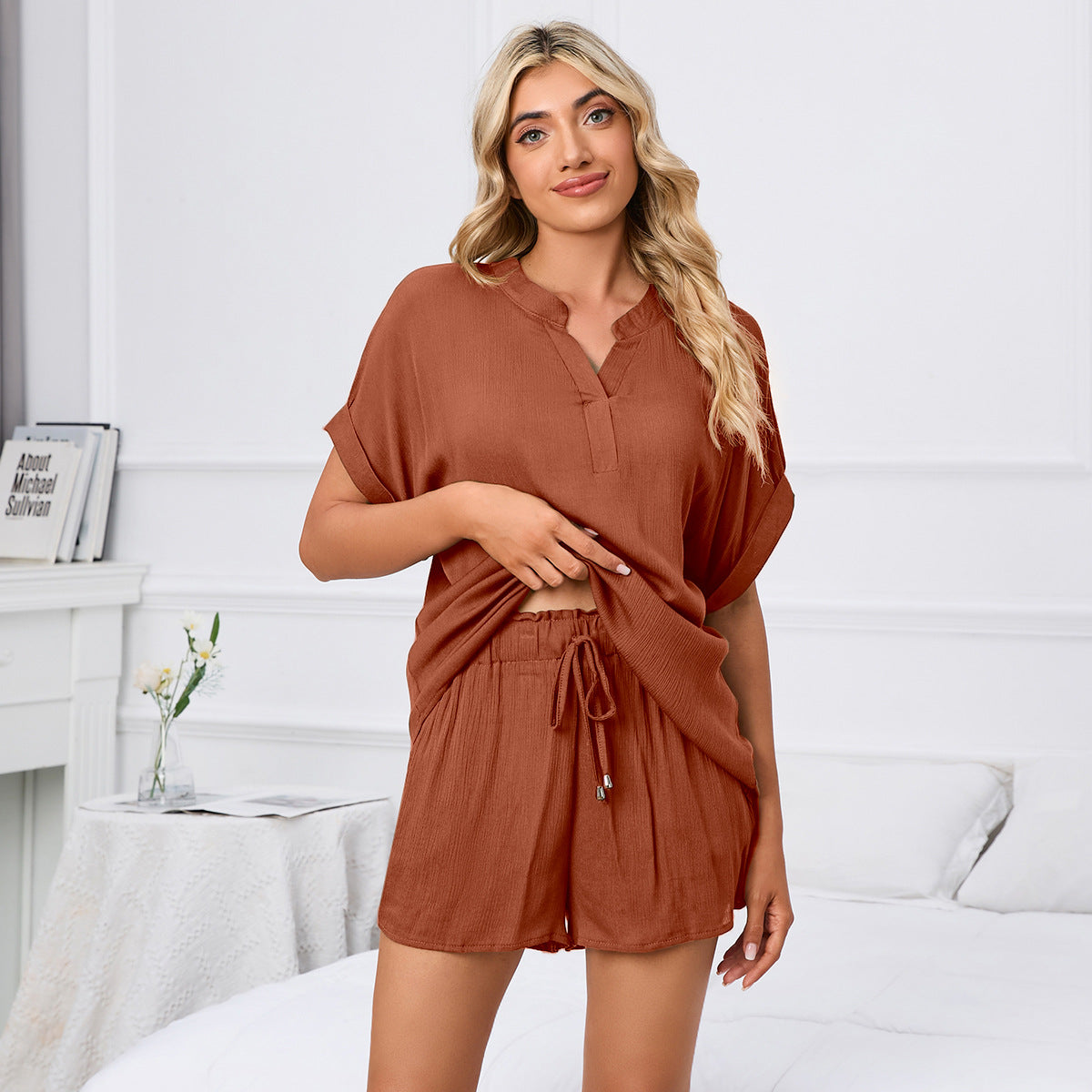 MAOXIANGSHOP 2025The real new product is , Popular, 2025 and Popular trade spring and summer solid color V-neck loose T-shirt, shorts, home leisure set, spot.