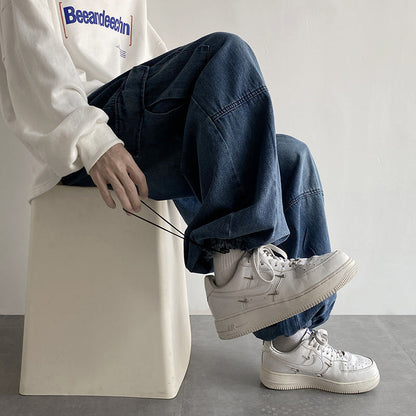 maoxiangshop-shop summer outfits men 2024 Washed Jeans Men's Spring and Autumn Retro Loose Wide-Leg Ruffle Handsome Straight High Street Overalls Pants