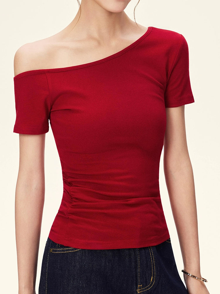 2025 Summer New Spice Girl Slant Shoulder Off-Shoulder Short Sleeve T-Shirt Women's Design Sense Short Slim Waist Tide