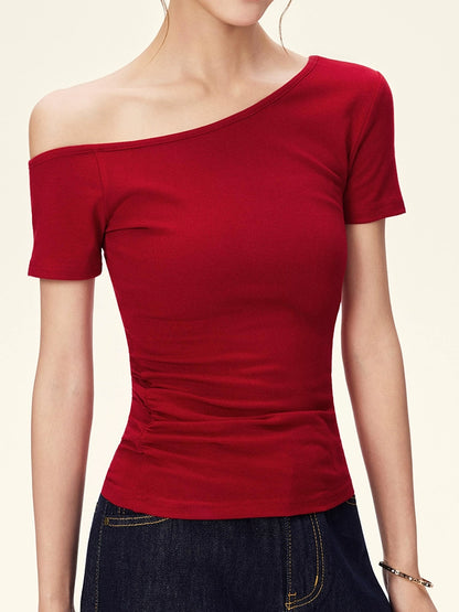 2025 Summer New Spice Girl Slant Shoulder Off-Shoulder Short Sleeve T-Shirt Women's Design Sense Short Slim Waist Tide