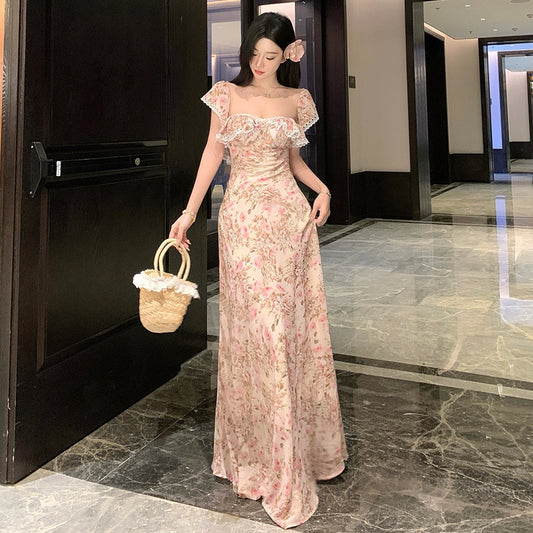 One-word shoulder  floral coffee break dress women's summer vacation gentle wind long dress waist beautiful temperament skirt