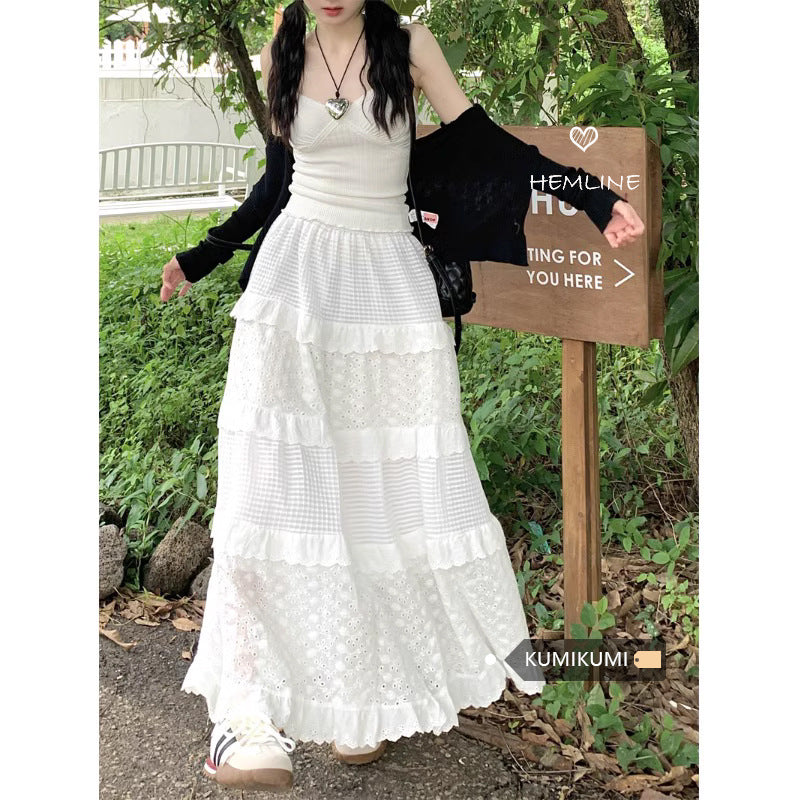 maoxiangshop-shop church outfit White Gentle Style Skirt Women's Early Spring High Waist Umbrella Skirt A- Line Skirt Long Skirt Cake Skirt Design Lace Skirt