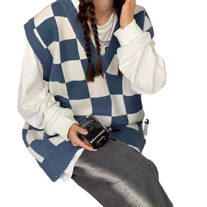 maoxiangshop-shop fall outfits black women Autumn and Winter Preppy Style All-Match Chessboard Plaid Sweater Vest Female Students Korean Style Loose Sleeveless Vest Knitted Outer Wear