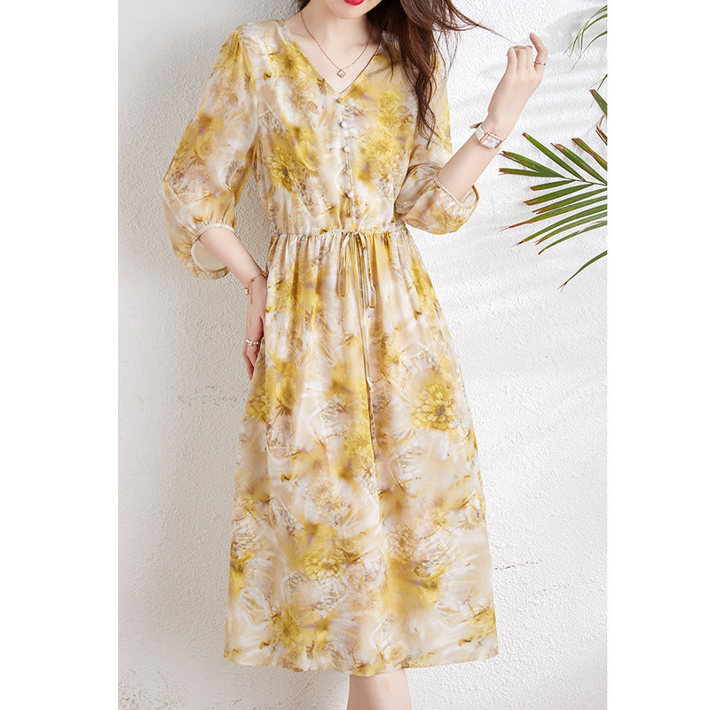 2025 Silk dress mulberry silk high-end coffee break  floral skirt summer women's printing waist medium and long