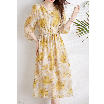 2025 Silk dress mulberry silk high-end coffee break  floral skirt summer women's printing waist medium and long