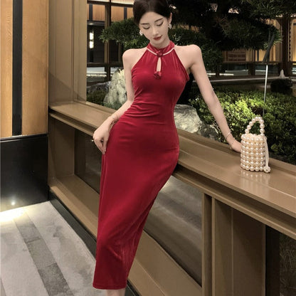 maoxiangshop-shop dress to impress outfits Banquet Host Auto Show Dress Long Dress Improved Cheongsam Dress Sexy Split Halter Velvet Dress