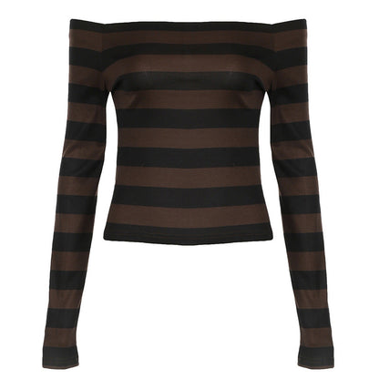 maoxiangshop grunge dti off-Shoulder Contrast Color Striped T-shirt 2024 Autumn New Women's Slim Slimming Long Sleeve Knitted Top