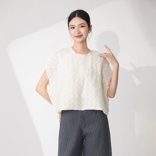 Pleated temperament top women's summer high-end round neck loose meat covering handmade pleated pullover versatile short-sleeved T-shirt