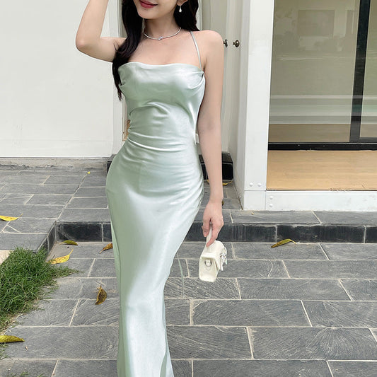 maoxiangshop-shop prom dresses Diagonal Cut Crystal Satin Backless Sling Dress Strap Sexy Slim Dress