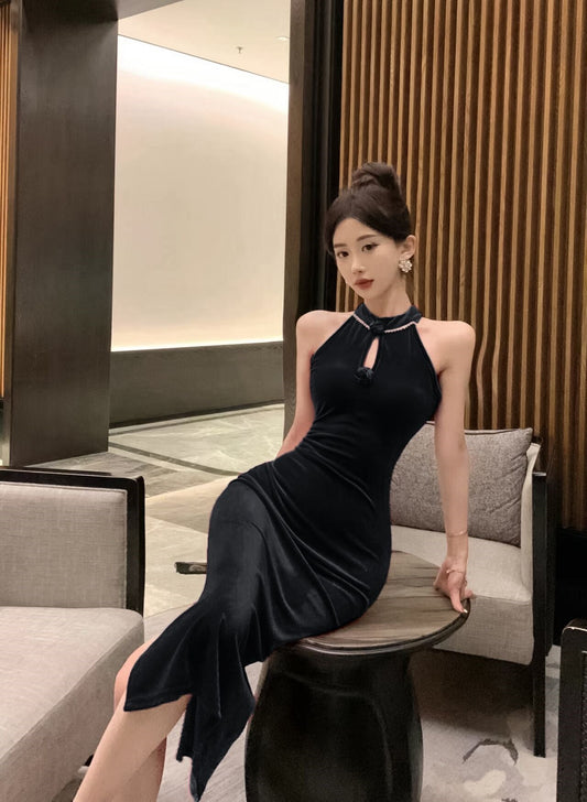 maoxiangshop-shop dress to impress outfits Banquet Host Auto Show Dress Long Dress Improved Cheongsam Dress Sexy Split Halter Velvet Dress