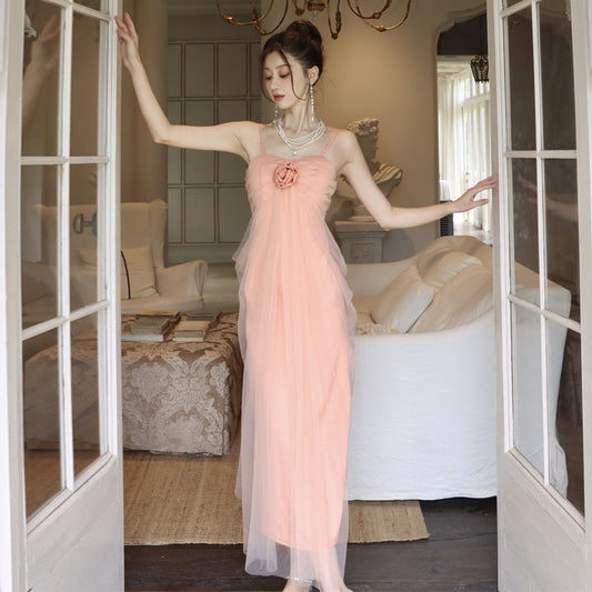 2025 One-word shoulder tube top dress women's summer flower waist high-end temperament sexy pure desire off-the-shoulder holiday long skirt