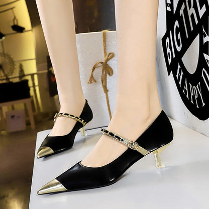 9318-19 2025 high heels women's shoes thin heels high heels light mouth color matching pointed metal chain one-word belt single shoes