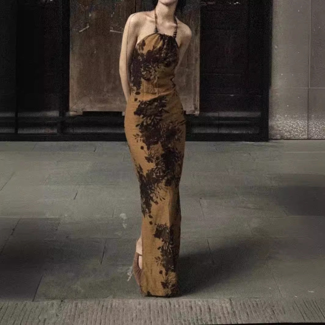 2025 New Chinese Zen national style camellia printing and dyeing backless Buddha beads hanging neck slim improved cheongsam suspender dress women