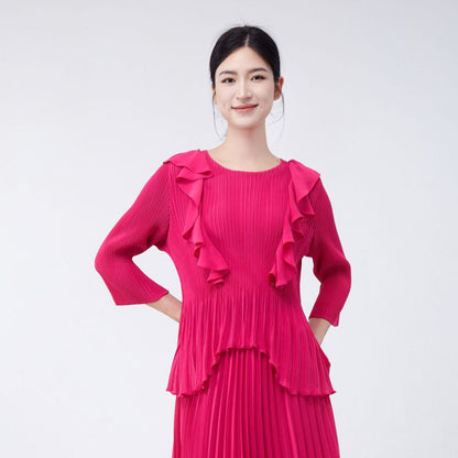 Women's fashionable Popular style top summer new high-end ruffle edge irregular versatile pleated chiffon shirt T-shirt