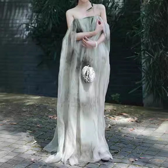 2025 (Spot) New Chinese cheongsam retro women's clothing Zen national style morning robe fairy mesh tube top suspender dress