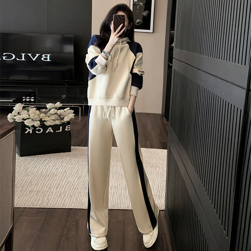 maoxiangshop business casual outfits High-End Casual Sports Suit Women's Autumn Fashionable Western Style Color Matching Hooded Sweater High Waist Straight Pants Two-Piece Set